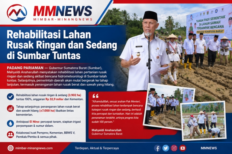 Rehabilitasi Lahan Rusak Ringan dan Sedang di Sumbar Tuntas, Mahyeldi: Kini Fokus ke Lahan Rusak Berat dan Sawah Hilang