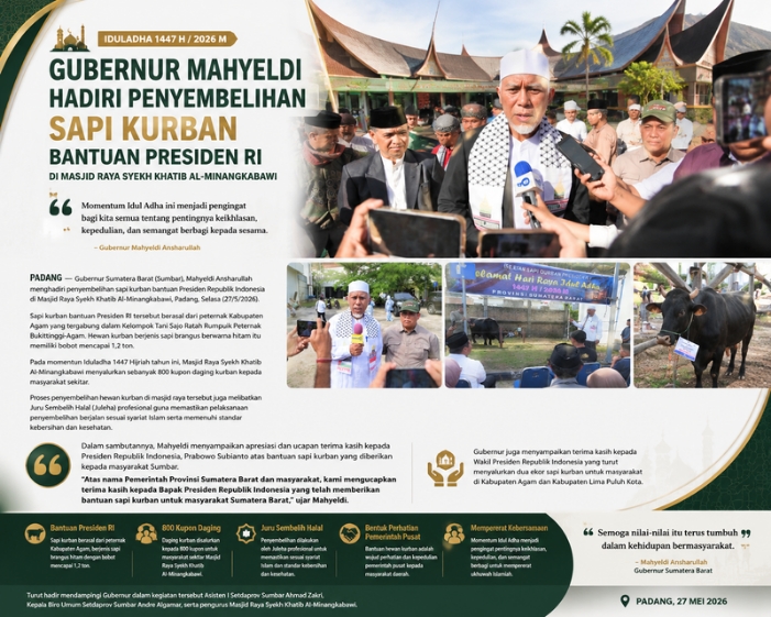 Gubernur Mahyeldi Hadiri Penyembelihan Sapi Kurban Bantuan Presiden RI di Masjid Raya Syekh Khatib Al-Minangkabawi