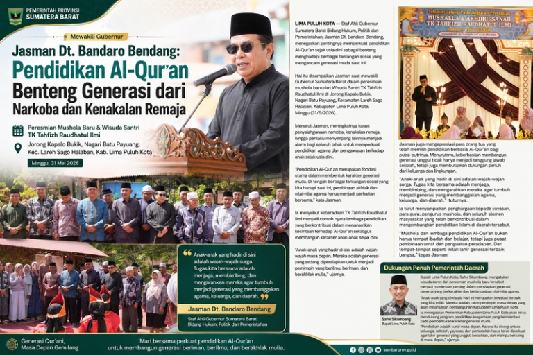 Mewakili Gubernur, Jasman Dt. Bandaro Bendang: Pendidikan Al-Qur’an Benteng Generasi dari Narkoba dan Kenakalan Remaja