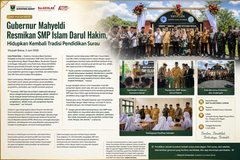 Gubernur Mahyeldi Resmikan SMP Islam Darul Hakim, Hidupkan Kembali Tradisi Pendidikan Surau