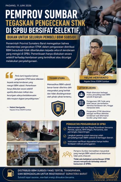 Pemprov Sumbar Tegaskan Pengecekan STNK di SPBU Bersifat Selektif, Bukan untuk Seluruh Pembeli BBM Subsidi