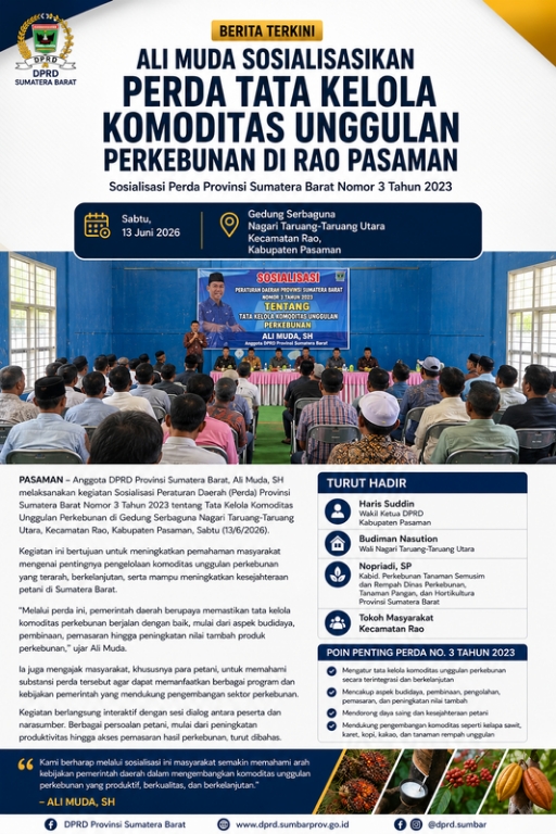 Ali Muda Sosialisasikan Perda Tata Kelola Komoditas Unggulan Perkebunan di Rao Pasaman
