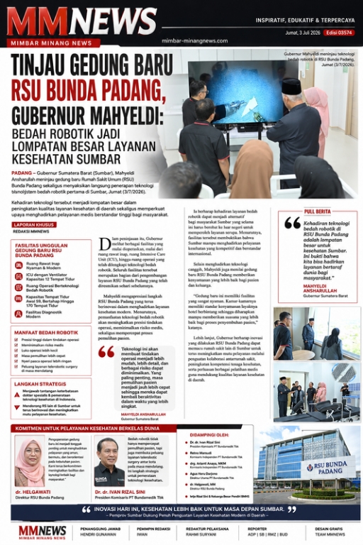 Tinjau Gedung Baru RSU Bunda Padang, Gubernur Mahyeldi: Bedah Robotik Jadi Lompatan Besar Layanan Kesehatan Sumbar