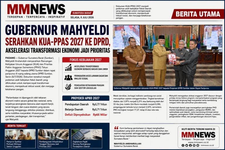 Gubernur Mahyeldi Serahkan KUA-PPAS 2027 ke DPRD, Akselerasi Transformasi Ekonomi Jadi Prioritas