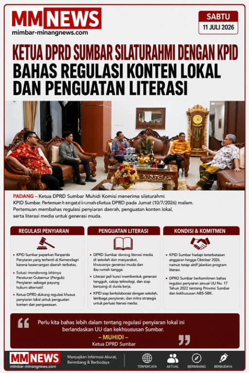 Ketua DPRD Sumbar Silaturahmi dengan KPID, Bahas Regulasi Konten Lokal dan Penguatan Literasi