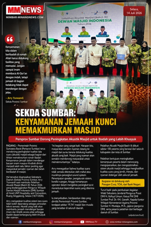 Sekda Sumbar: Kenyamanan Jamaah Kunci Memakmurkan Masjid