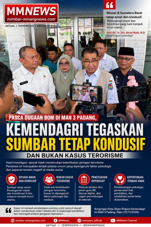 Pasca Dugaan Bom di MAN 3 Padang, Kemendagri Tegaskan Sumbar Tetap Kondusif dan Bukan Kasus Terorisme