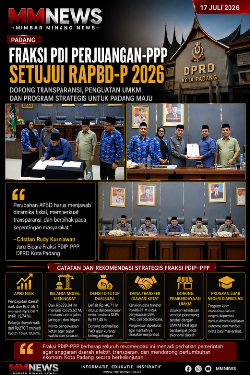 Fraksi PDIP-PPP Setujui RAPBD-P Kota Padang 2026, Soroti Transparansi Anggaran hingga Penguatan UMKM