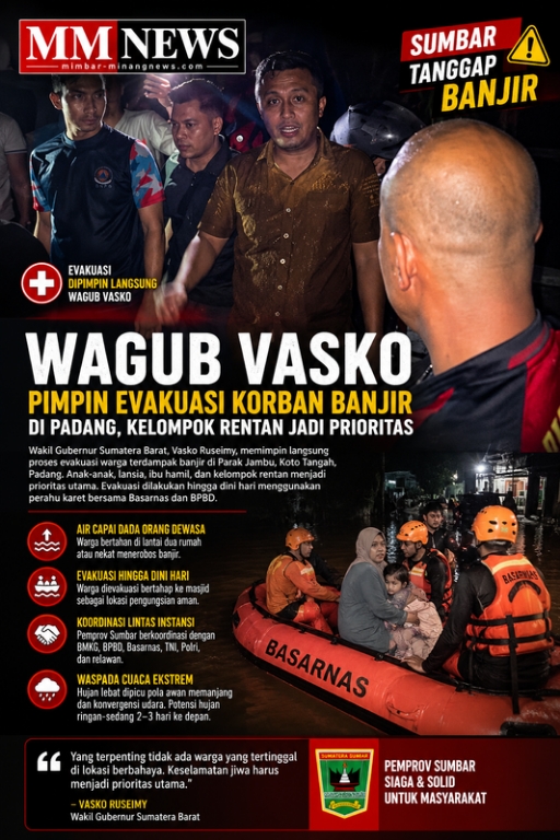 Wagub Vasko Pimpin Langsung Evakuasi Korban Banjir di Padang, Kelompok Rentan Jadi Prioritas
