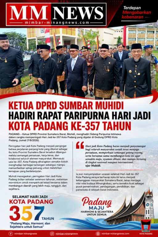 Ketua DPRD Sumbar Muhidi Hadiri Paripurna Hari Jadi Kota Padang ke-357, Ajak Perkuat Kolaborasi Membangun Daerah
