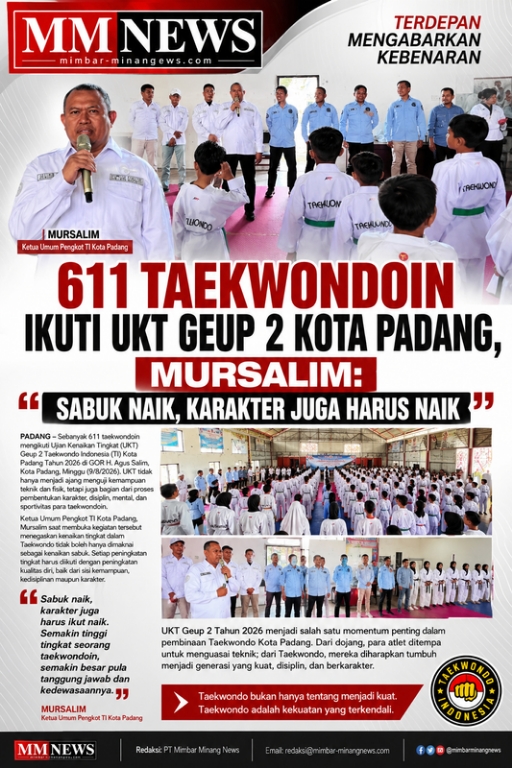 611 Taekwondoin Ikuti UKT Geup 2 Kota Padang, Mursalim: “Sabuk Naik, Karakter Juga Harus Naik”