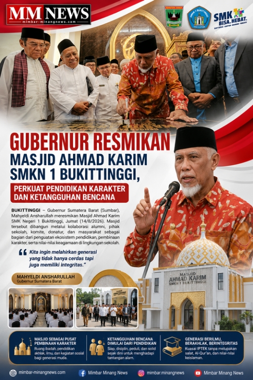 Gubernur Resmikan Masjid Ahmad Karim SMKN 1 Bukittinggi, Tekankan Karakter, Teknologi dan Ketangguhan Bencana