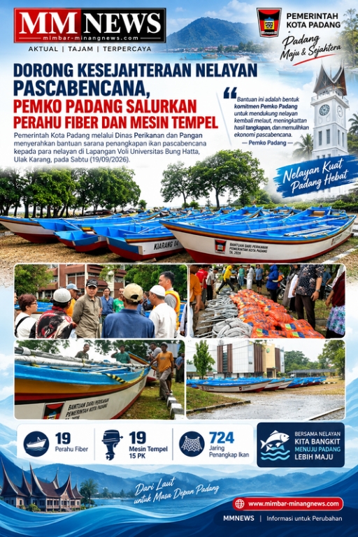 Pascabencana, Pemko Padang Salurkan 19 Perahu Fiber, 19 Mesin Tempel dan 724 Jaring untuk Nelayan